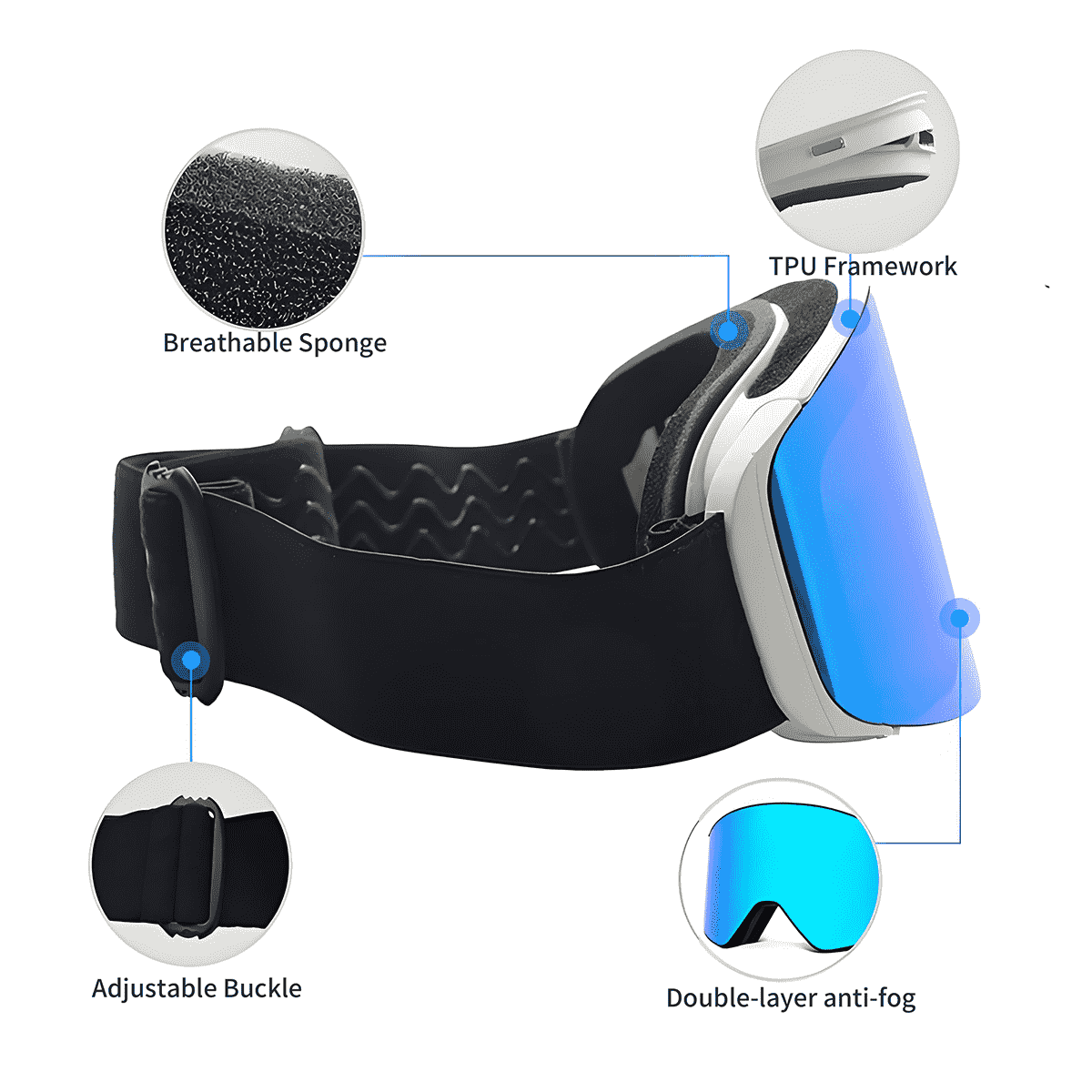 durable ski goggles with ultra wide view and 99% uv blocking protection