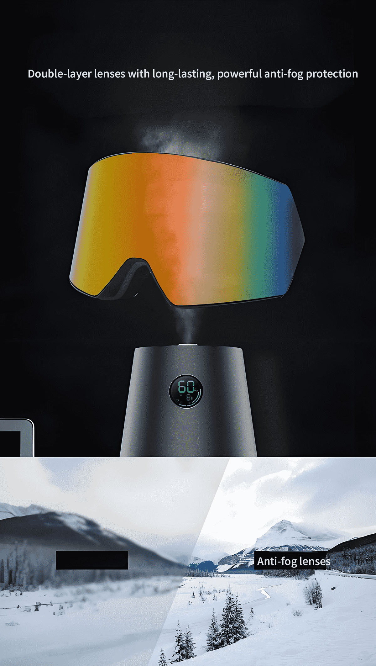 wide view ski goggles with anti fog design and 99% uv protection